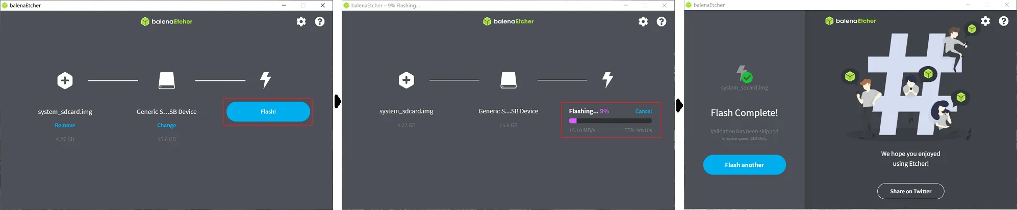 balenaEtcher showing a completed flash