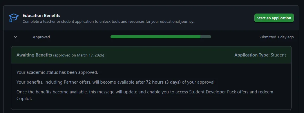 GitHub Education 学生认证通过页面