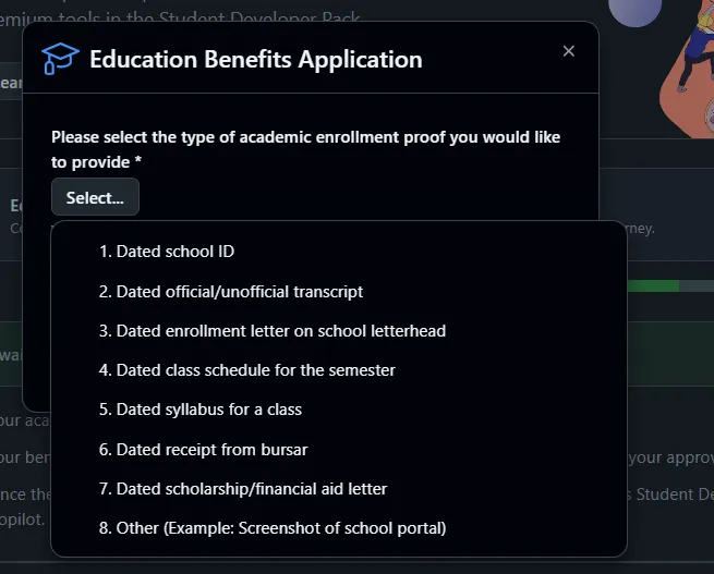GitHub Education 证明材料类型选择