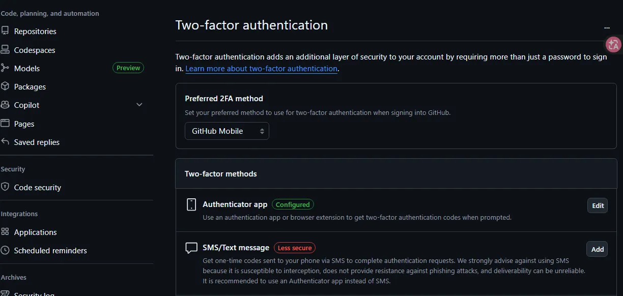 GitHub 双因素认证配置完成状态